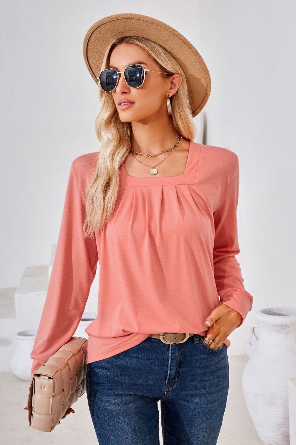 Square Neck Ruched Long Sleeve Blouse - Classique Collection