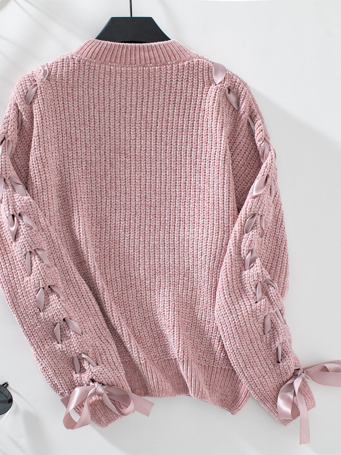 Lace Up Round Neck Long Sleeve Sweater - ClassiQ