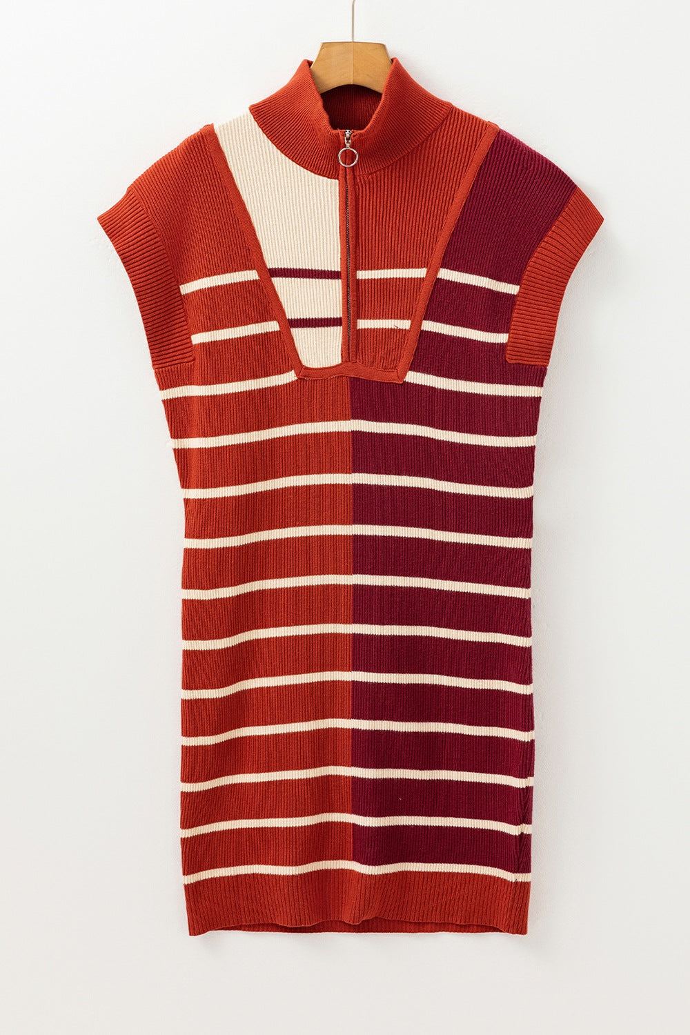 Striped Quarter Zip Cap Sleeve Sweater Dress - ClassiQ