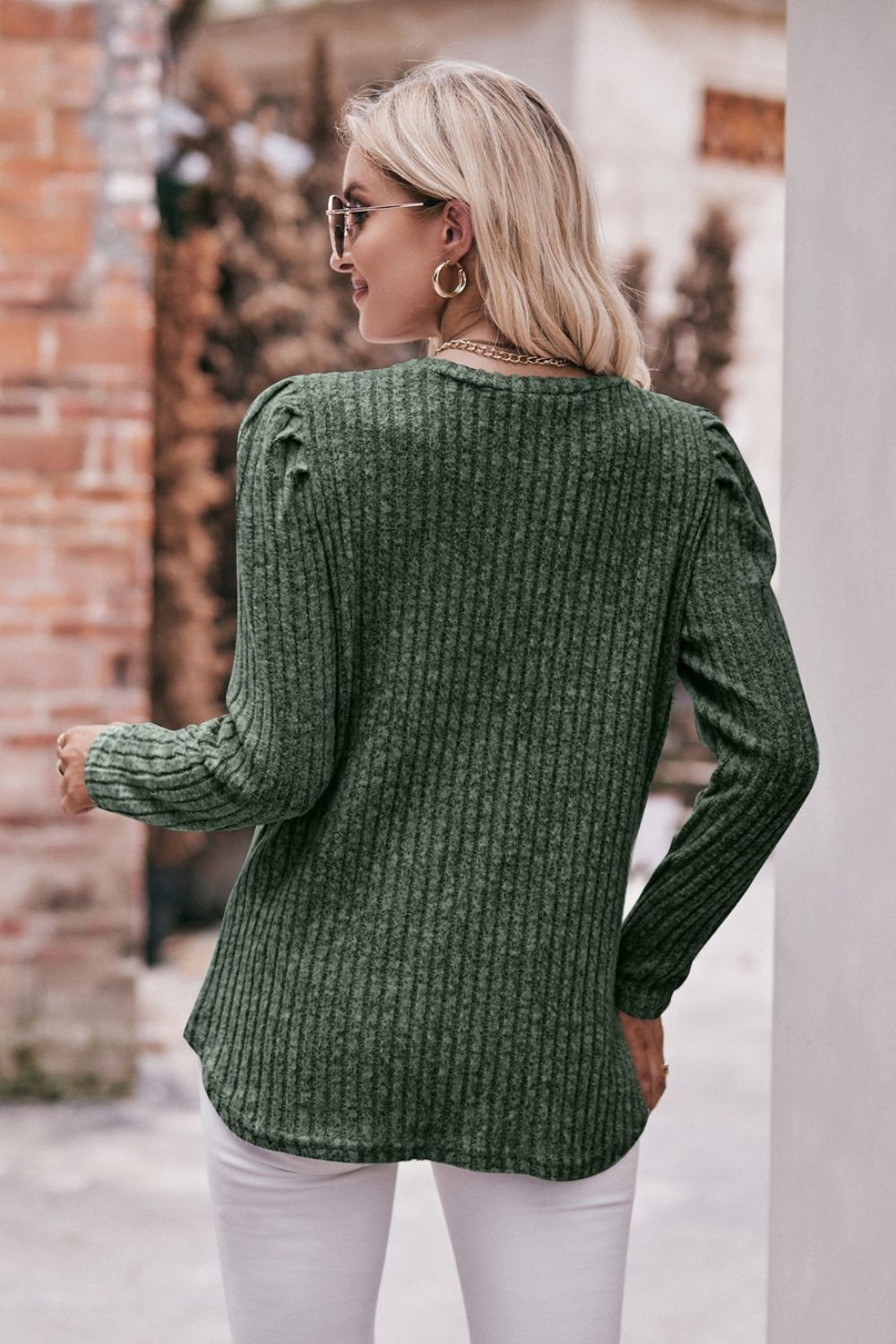 Mandy Round Neck Puff Sleeve Ribbed Top - Classique Collection