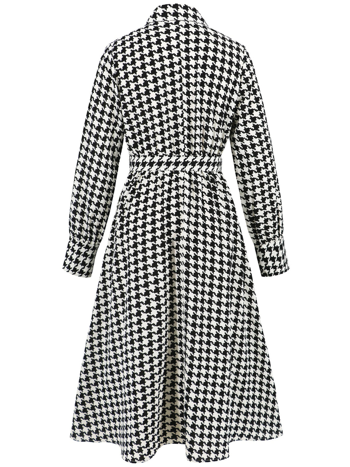 Tied Houndstooth Long Sleeve Midi Dress - Classique Collection