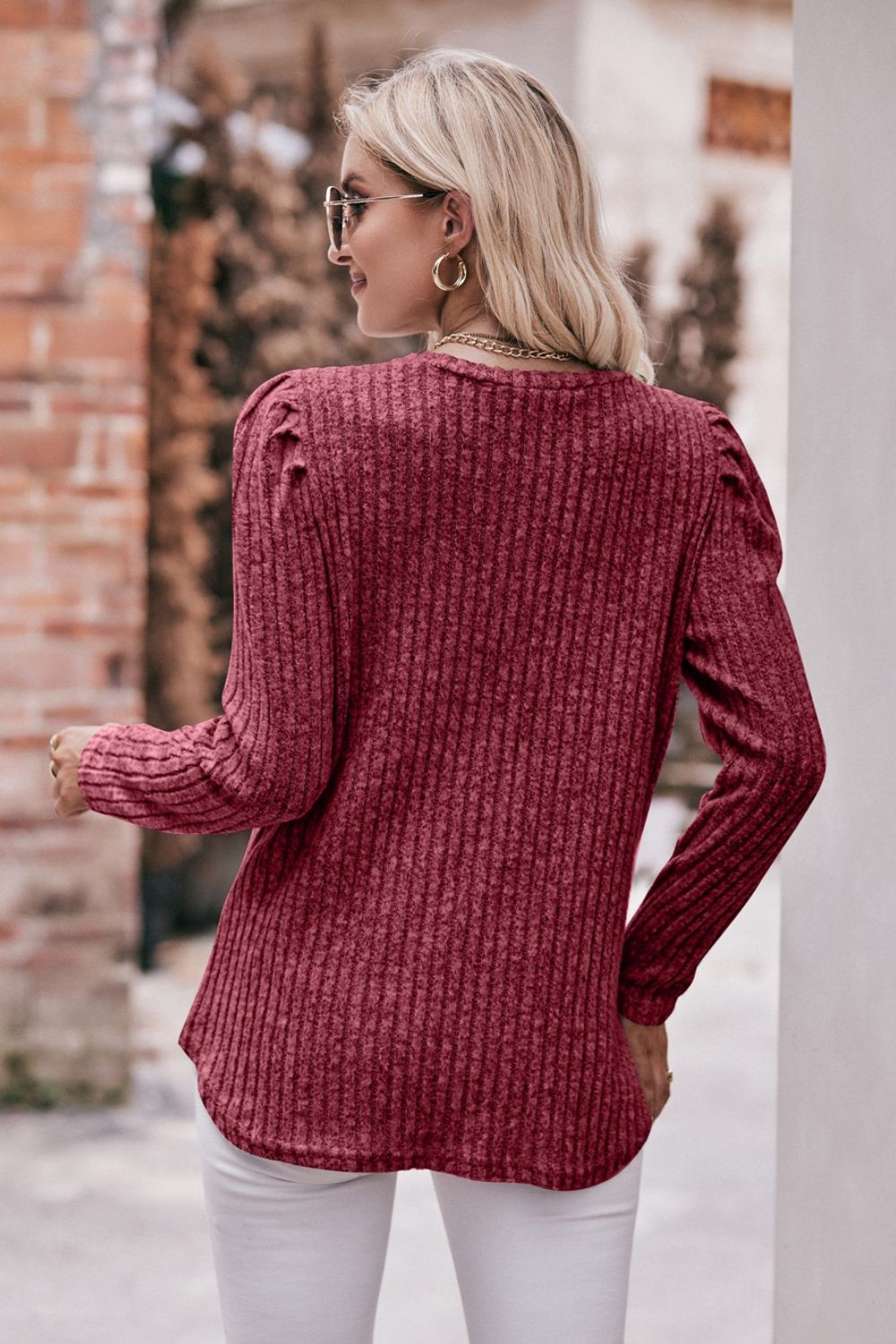 Mandy Round Neck Puff Sleeve Ribbed Top - Classique Collection