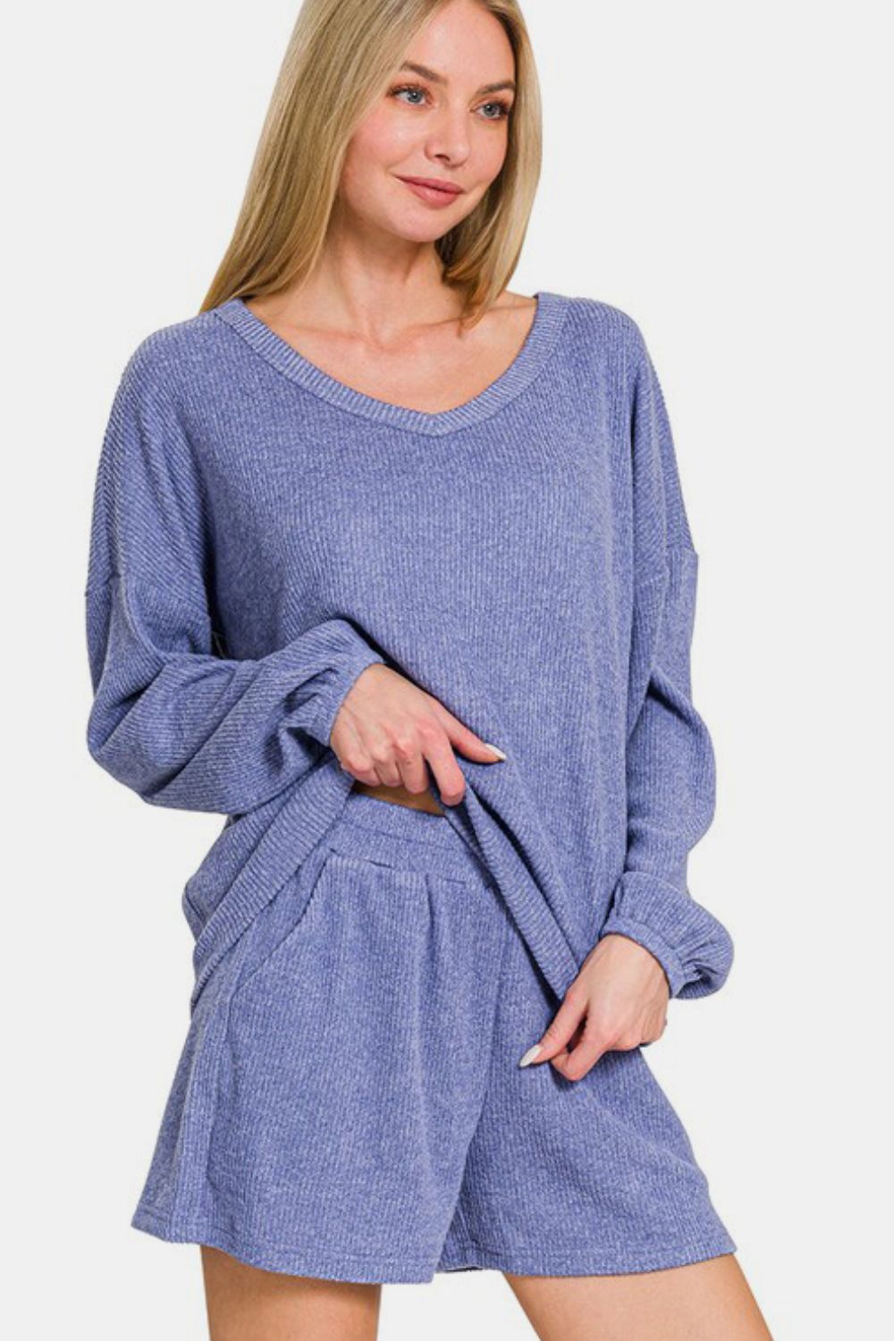 Zenana V-Neck Long Sleeve Ribbed Top and Shorts Set - Classique Collection