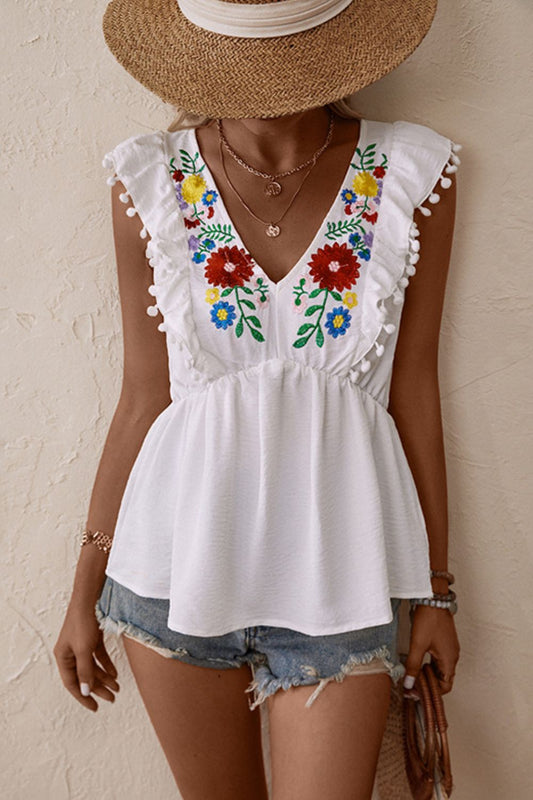 Perfee Embroidered Pom-Pom Trim Cap Sleeve Babydoll Top - Classique Collection