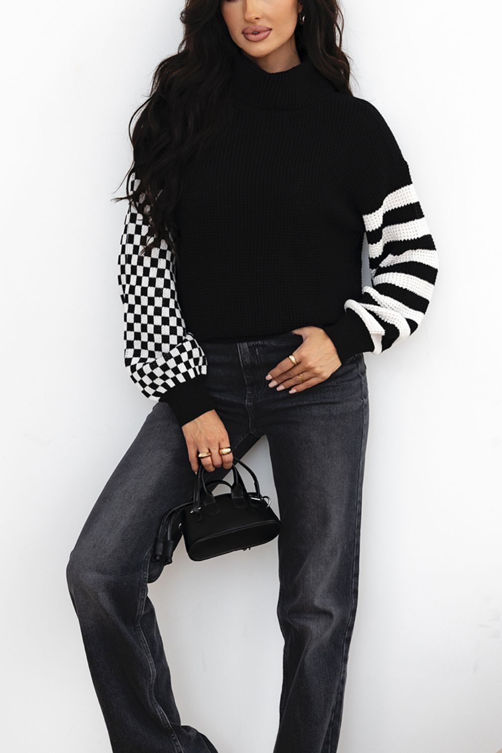 Striped & Checkered Turtleneck Dropped Shoulder Sweater - ClassiQ