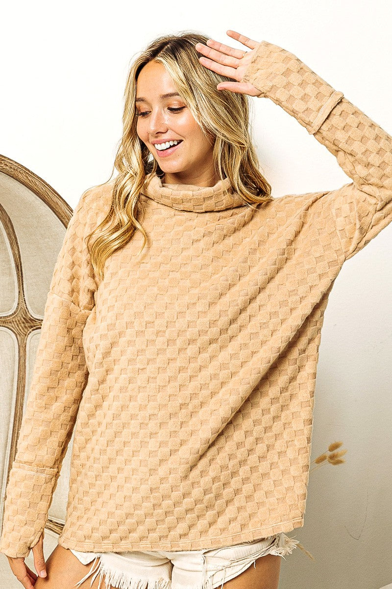 BiBi Checkered Round Neck Thumbhole Long Sleeve Top - Classique Collection