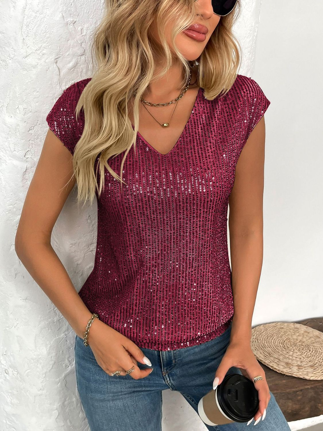 Sequin V-Neck Cap Sleeve Top - Classique Collection