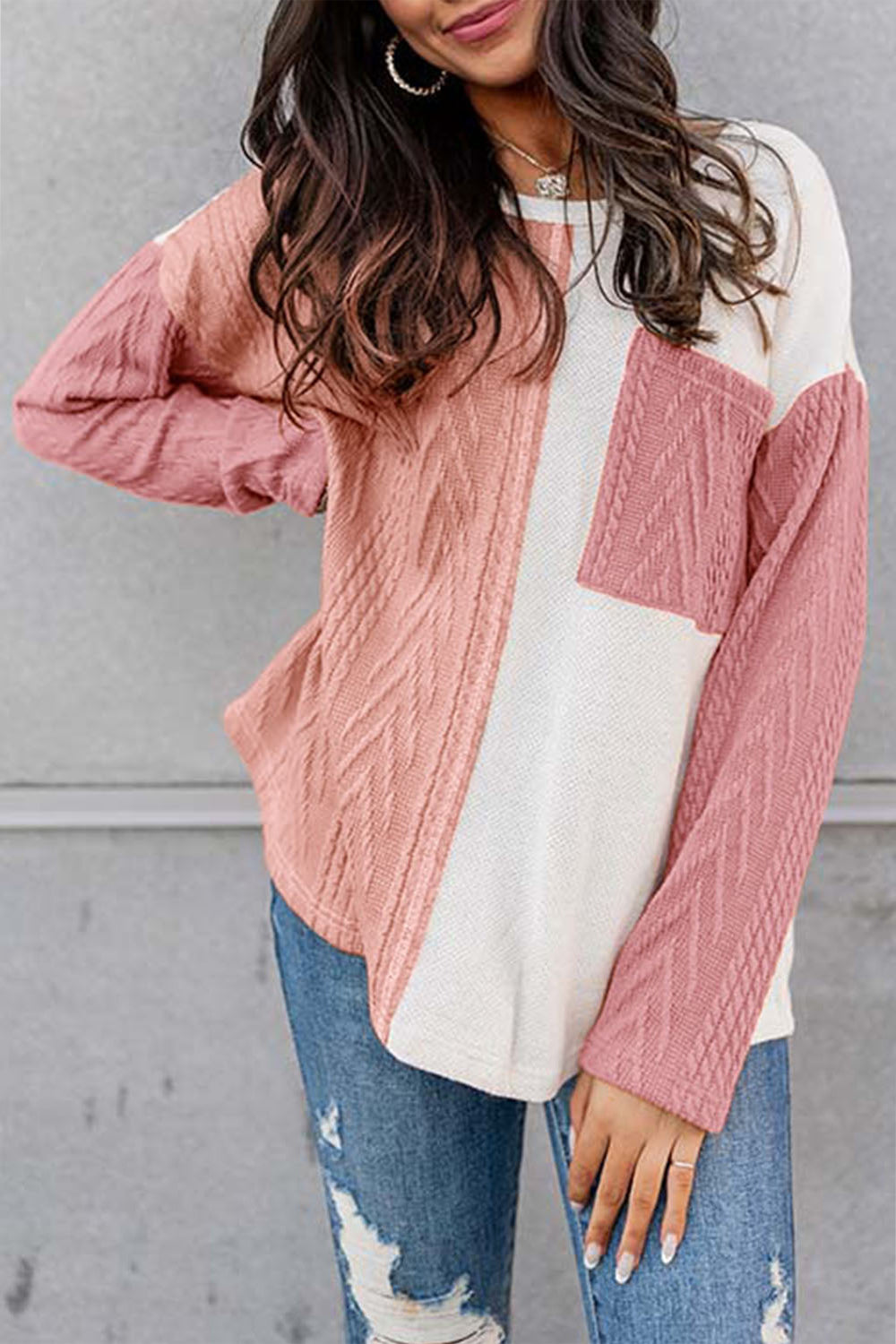 Full Size Color Block Cable-Knit Tops - Classique Collection