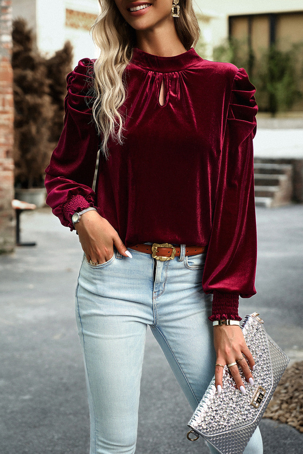 Tie Up Mock Neck Velvet Fabric Long Sleeve Blouse - Classique Collection