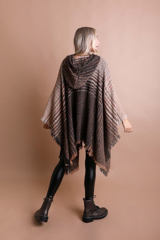 Herringbone Tweed Hooded Frayed Edge Poncho - Classique Collection