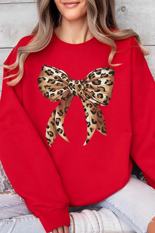 Leopard Print Bow Graphic Plus Fleece Sweatshirts - Classique Collection