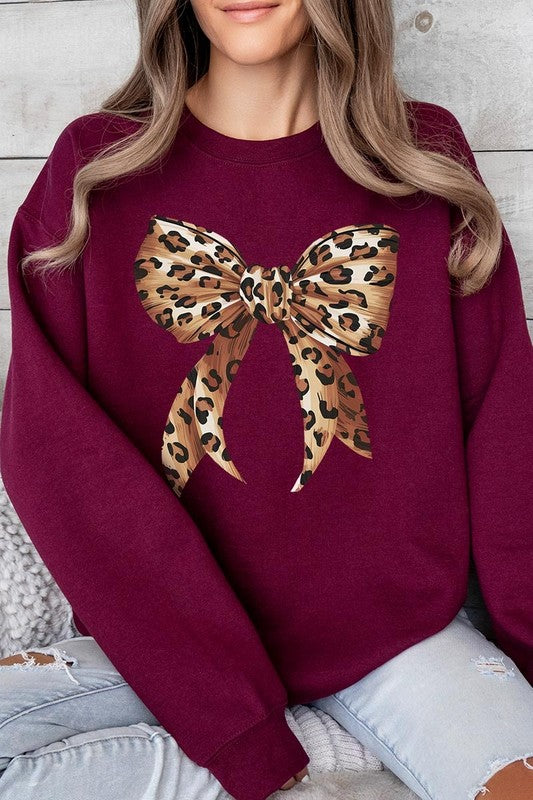 Leopard Print Bow Graphic Plus Fleece Sweatshirts - Classique Collection