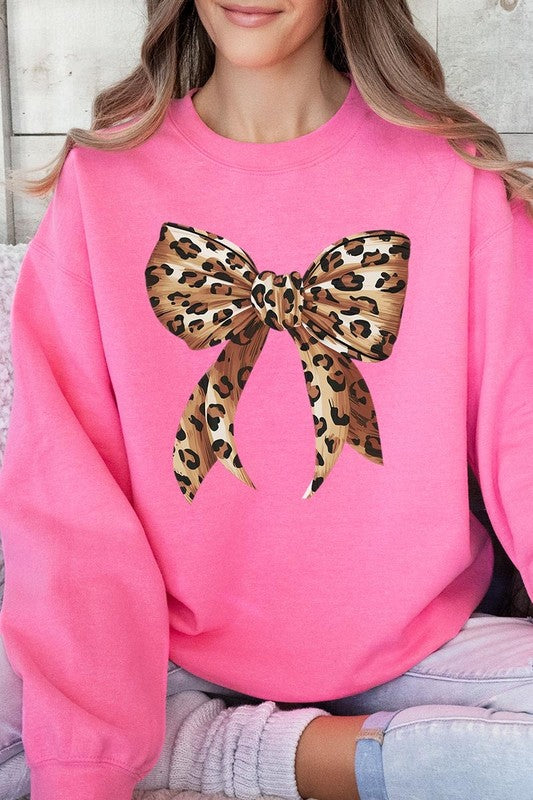 Leopard Print Bow Graphic Plus Fleece Sweatshirts - Classique Collection