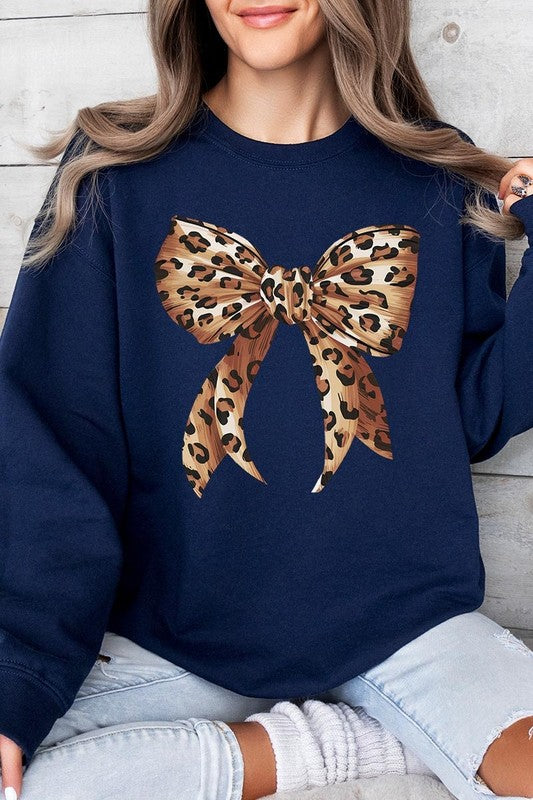 Leopard Print Bow Graphic Plus Fleece Sweatshirts - Classique Collection