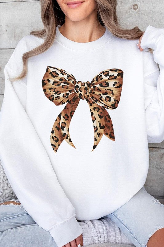 Leopard Print Bow Graphic Plus Fleece Sweatshirts - Classique Collection