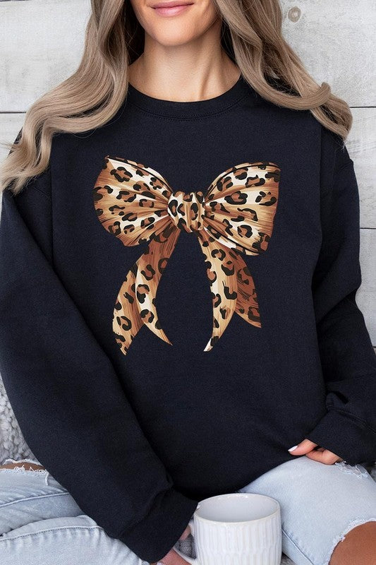 Leopard Print Bow Graphic Plus Fleece Sweatshirts - Classique Collection