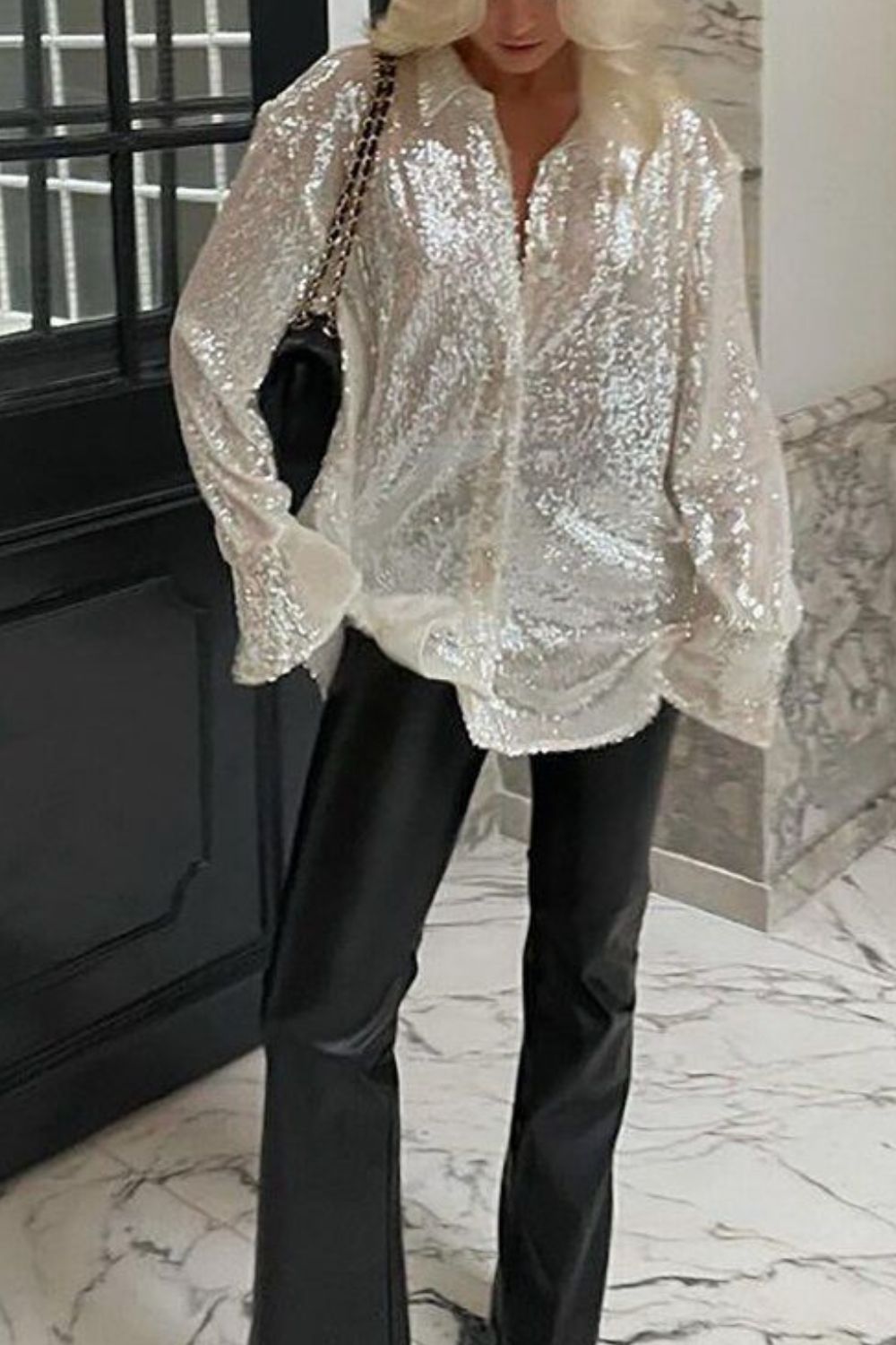 Sequin Button Up Long Sleeve Shirt - Classique Collection