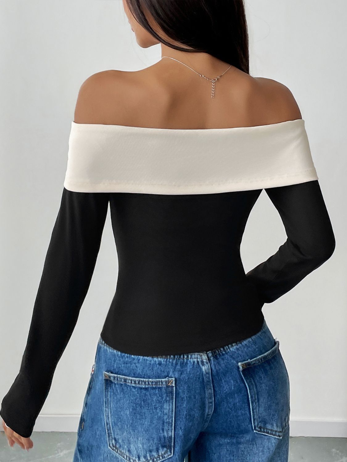 Perfee Bow Contrast Off-Shoulder Long Sleeve Top - Classique Collection