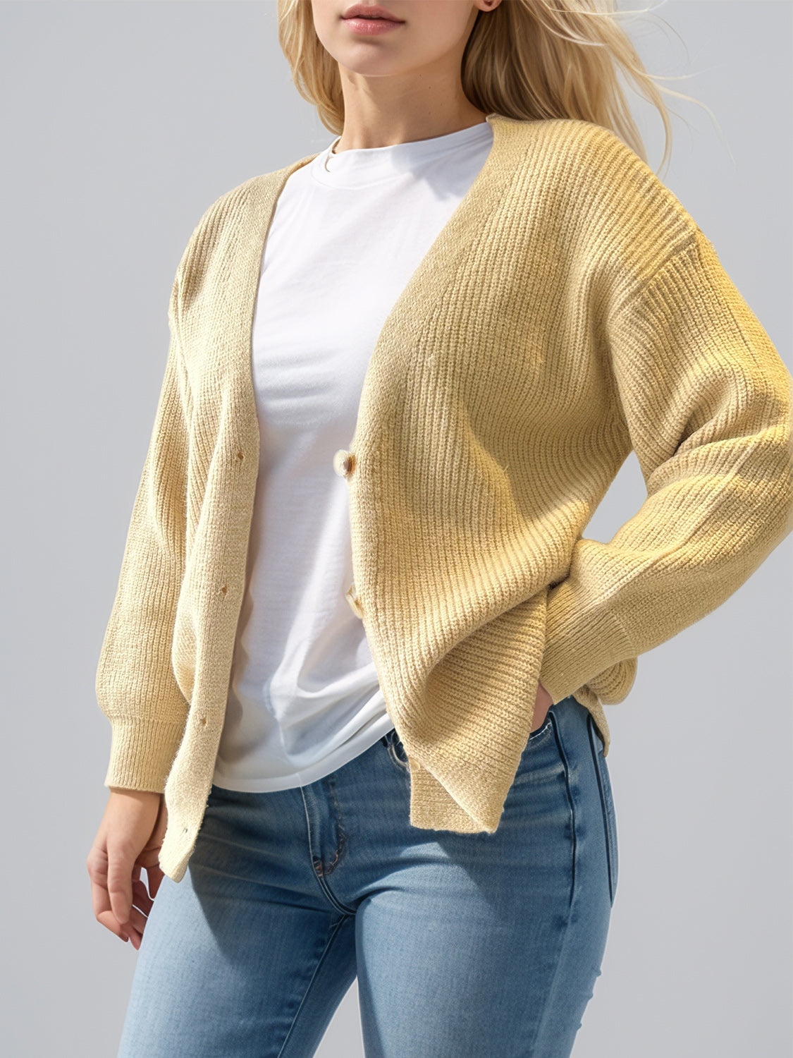 Button Down V-Neck Long Sleeve Cardigan - ClassiQ