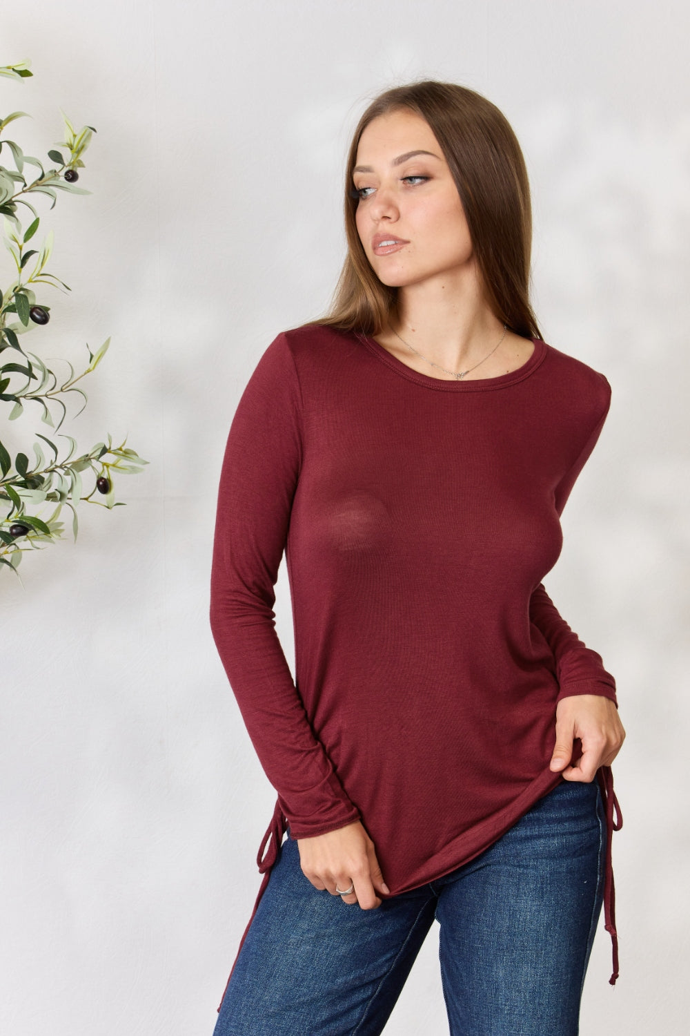 Culture Code Full Size Drawstring Round Neck Long Sleeve Top - Classique Collection