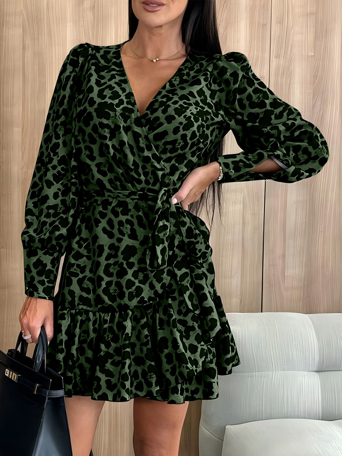 Tied Leopard Surplice Long Sleeve Dress - Classique Collection
