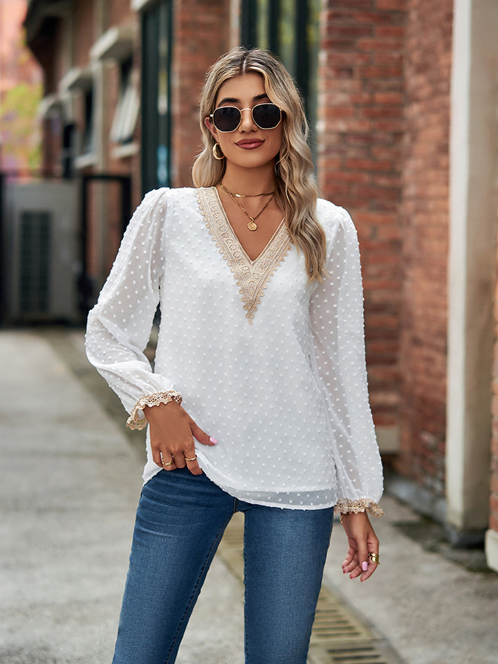 Swiss Dot V-Neck Long Sleeve Blouse - ClassiQ