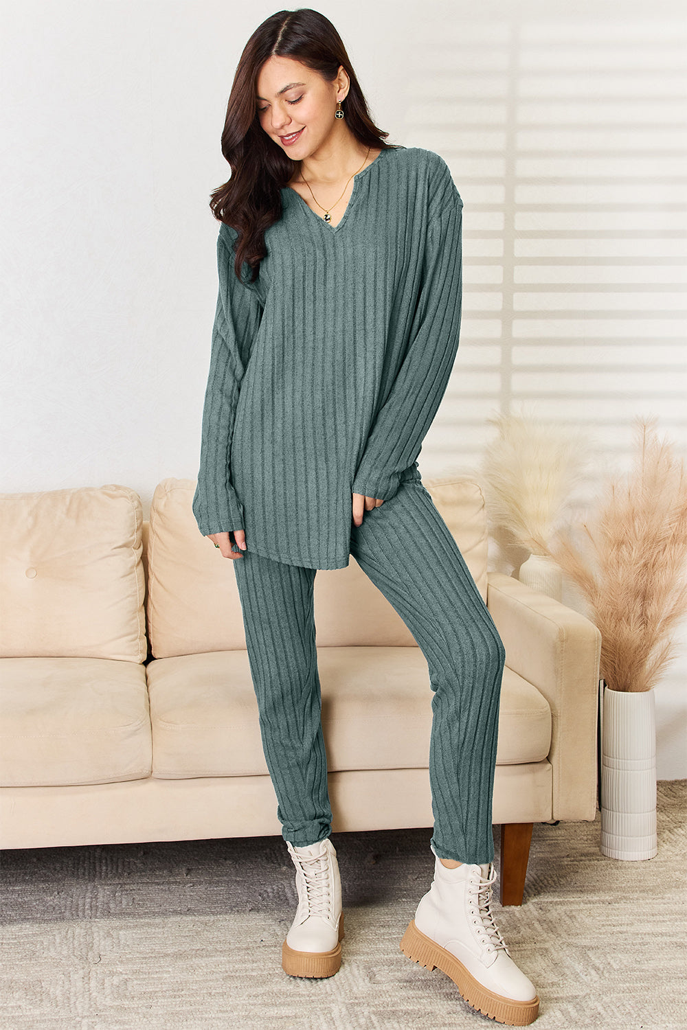 Basic Bae Full Size Notched Long Sleeve Top and Pants Set - ClassiQ