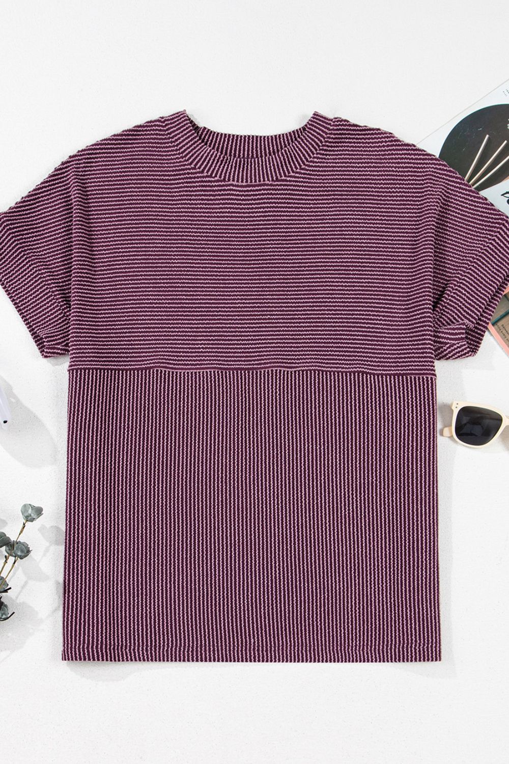 Corded Knit Mock Neck Short Sleeve T Shirt - Classique Collection