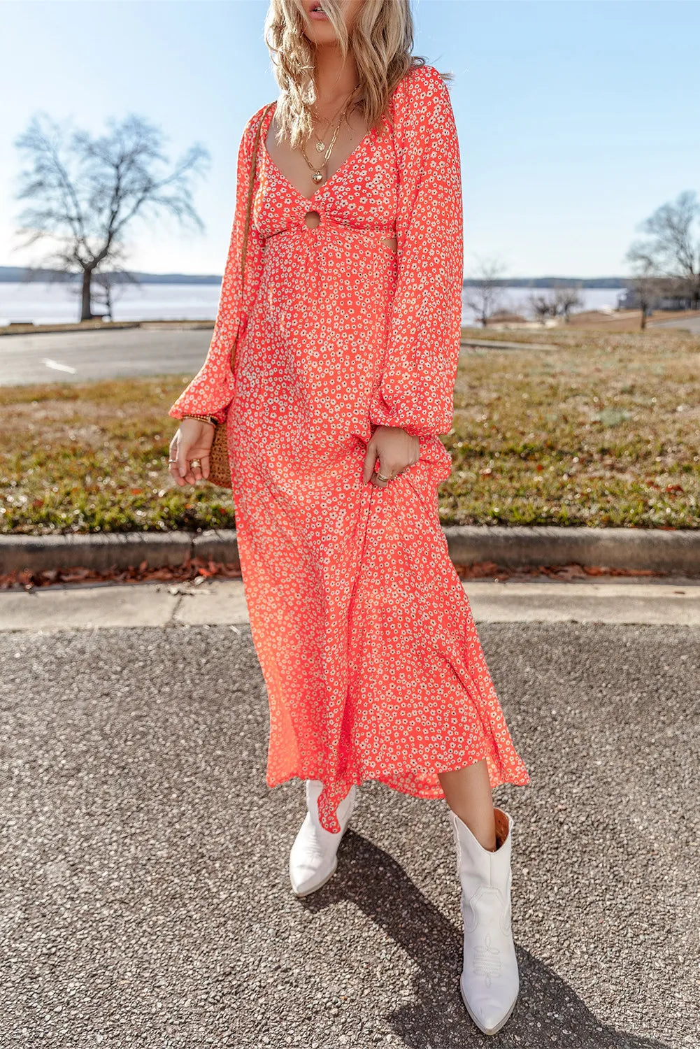 Printed V-Neck Long Sleeve Midi Dress - Classique Collection