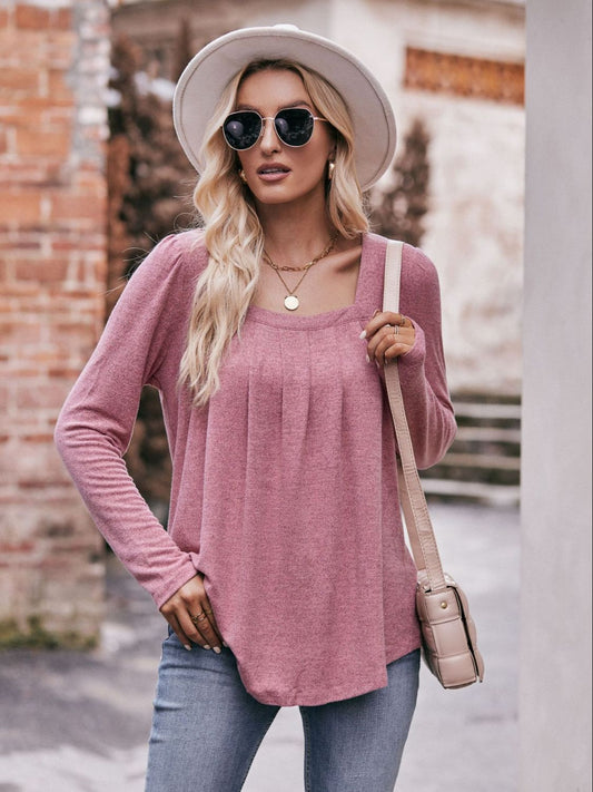 Mandy Pleated Detail Curved Hem Long Sleeve Top - ClassiQ