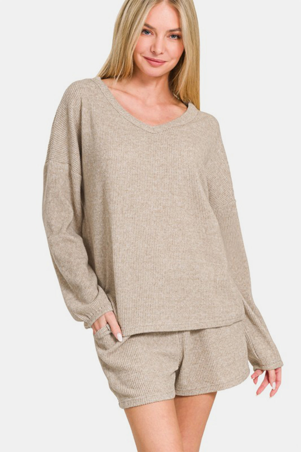 Zenana V-Neck Long Sleeve Ribbed Top and Shorts Set - Classique Collection