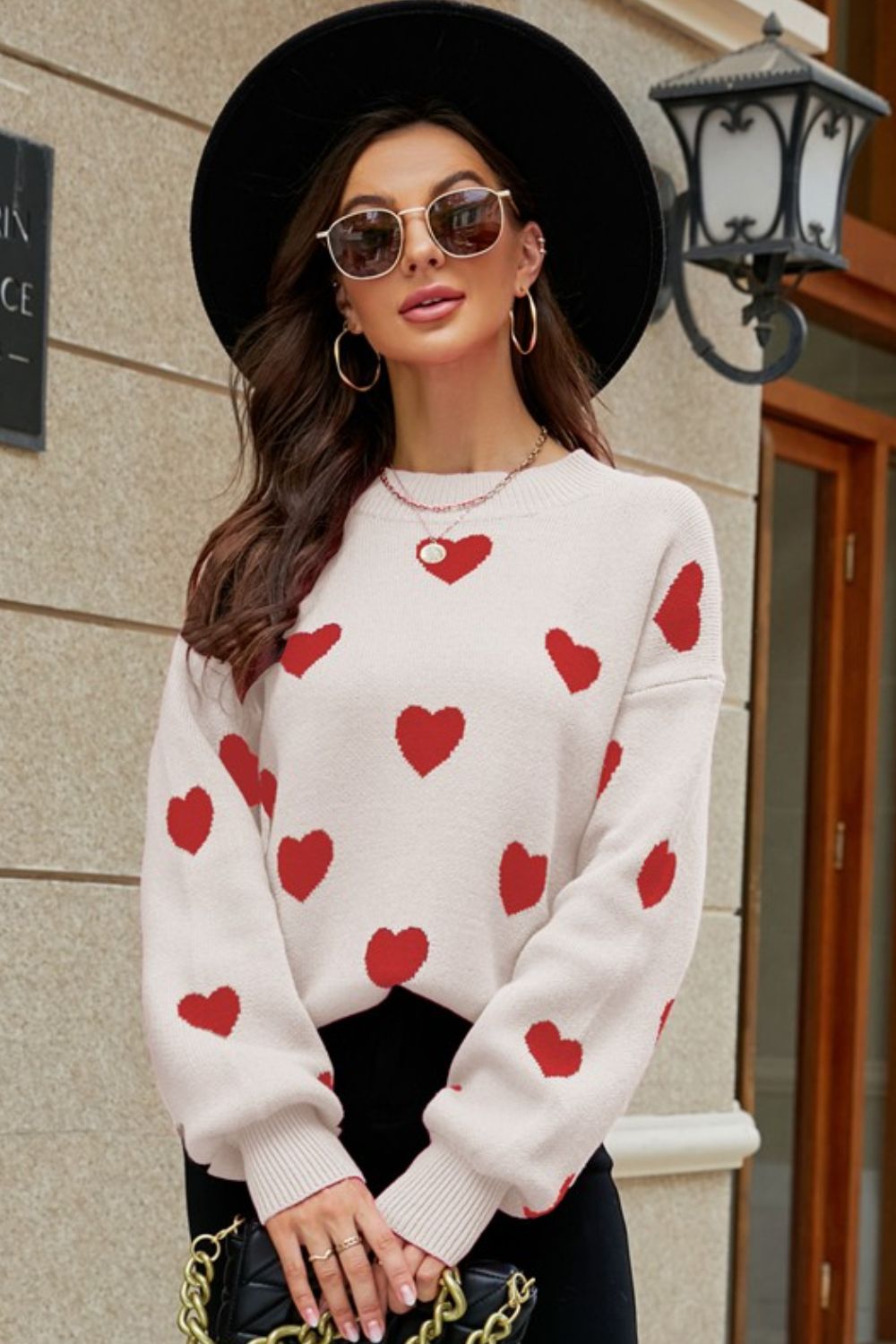 Woven Right Heart Pattern Lantern Sleeve Round Neck Tunic Sweater - ClassiQ