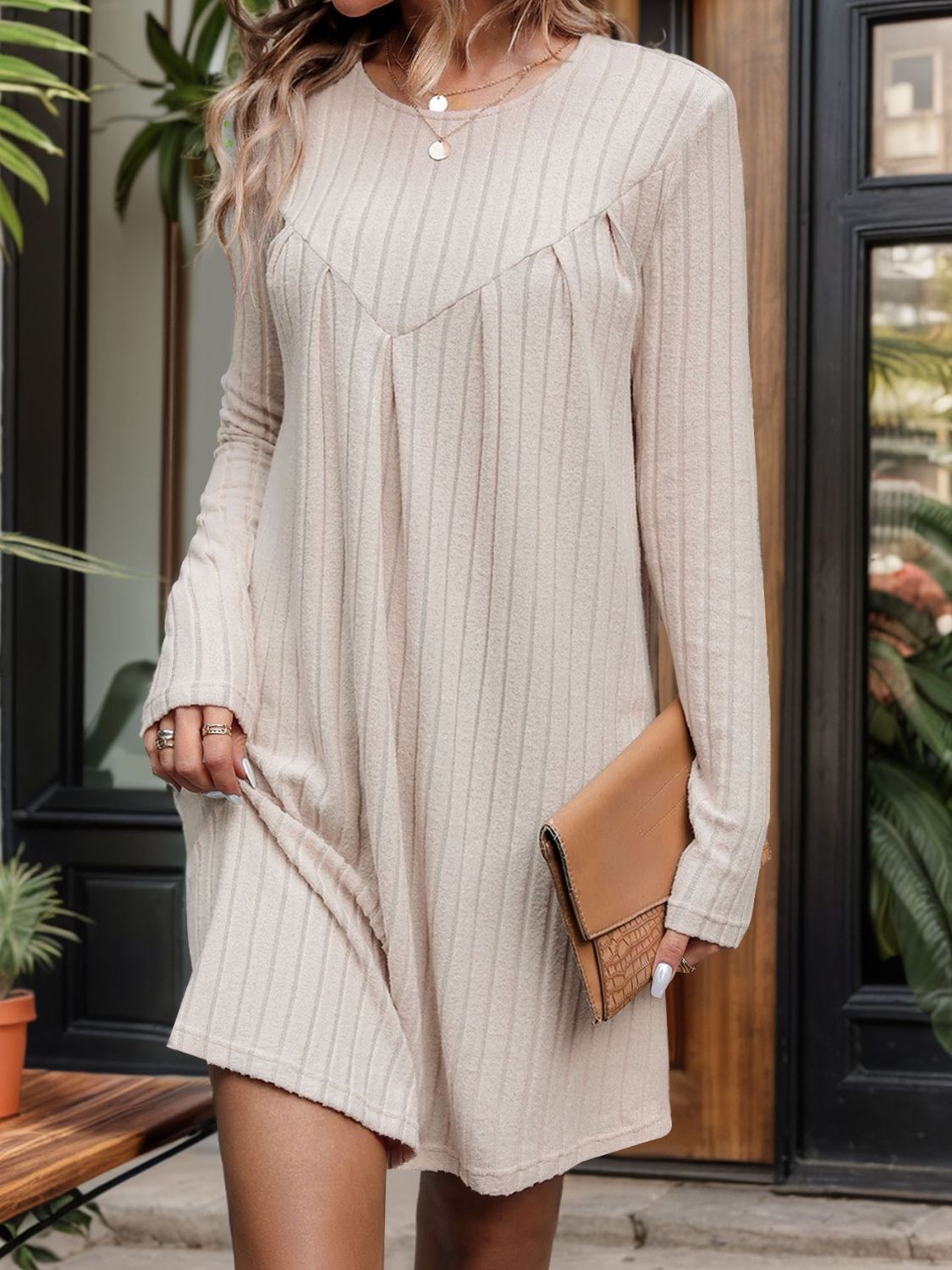 Perfee Round Neck Long Sleeve Mini Dress - Classique Collection