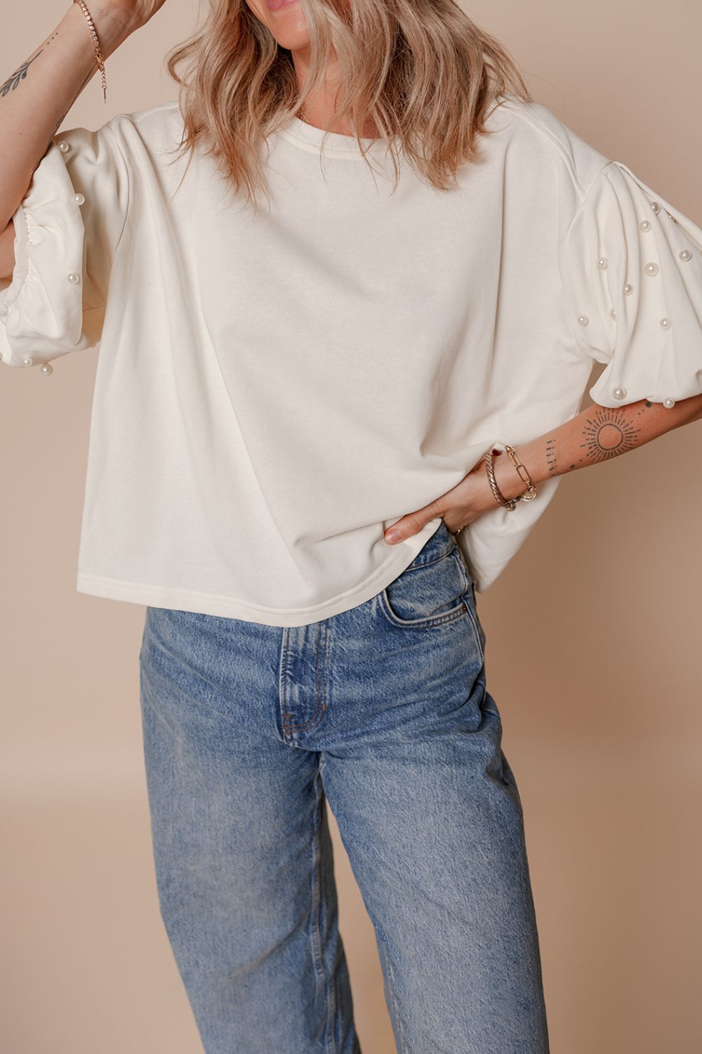 Pearl Detail Round Neck Half Sleeve Blouse - Classique Collection