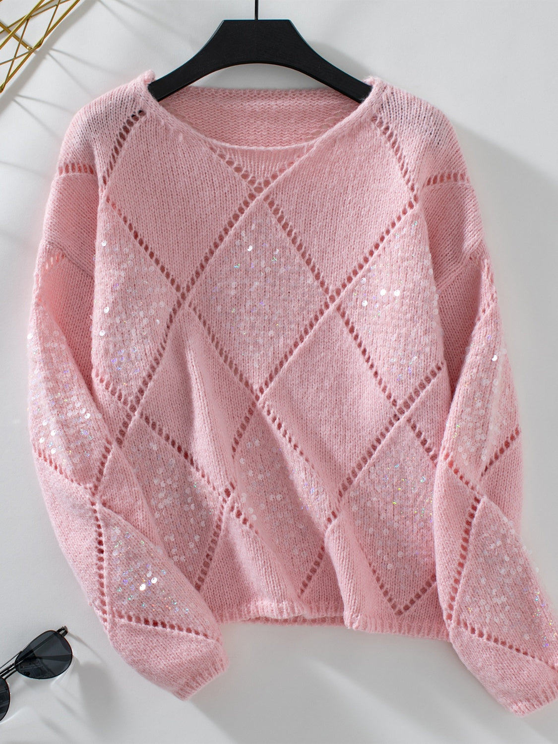 Openwork Round Neck Long Sleeve Knit Top - ClassiQ
