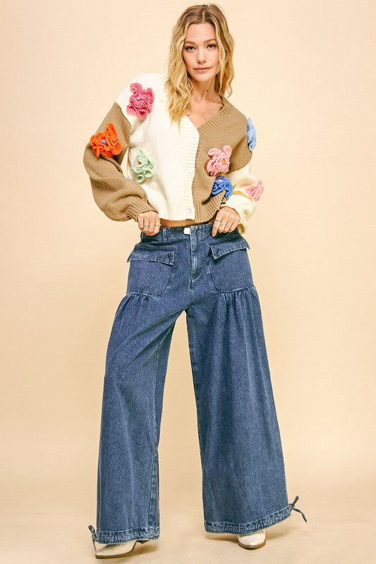 Davi & Dani Drawstring Hem Wide Leg Mid Rise Jeans - Classique Collection