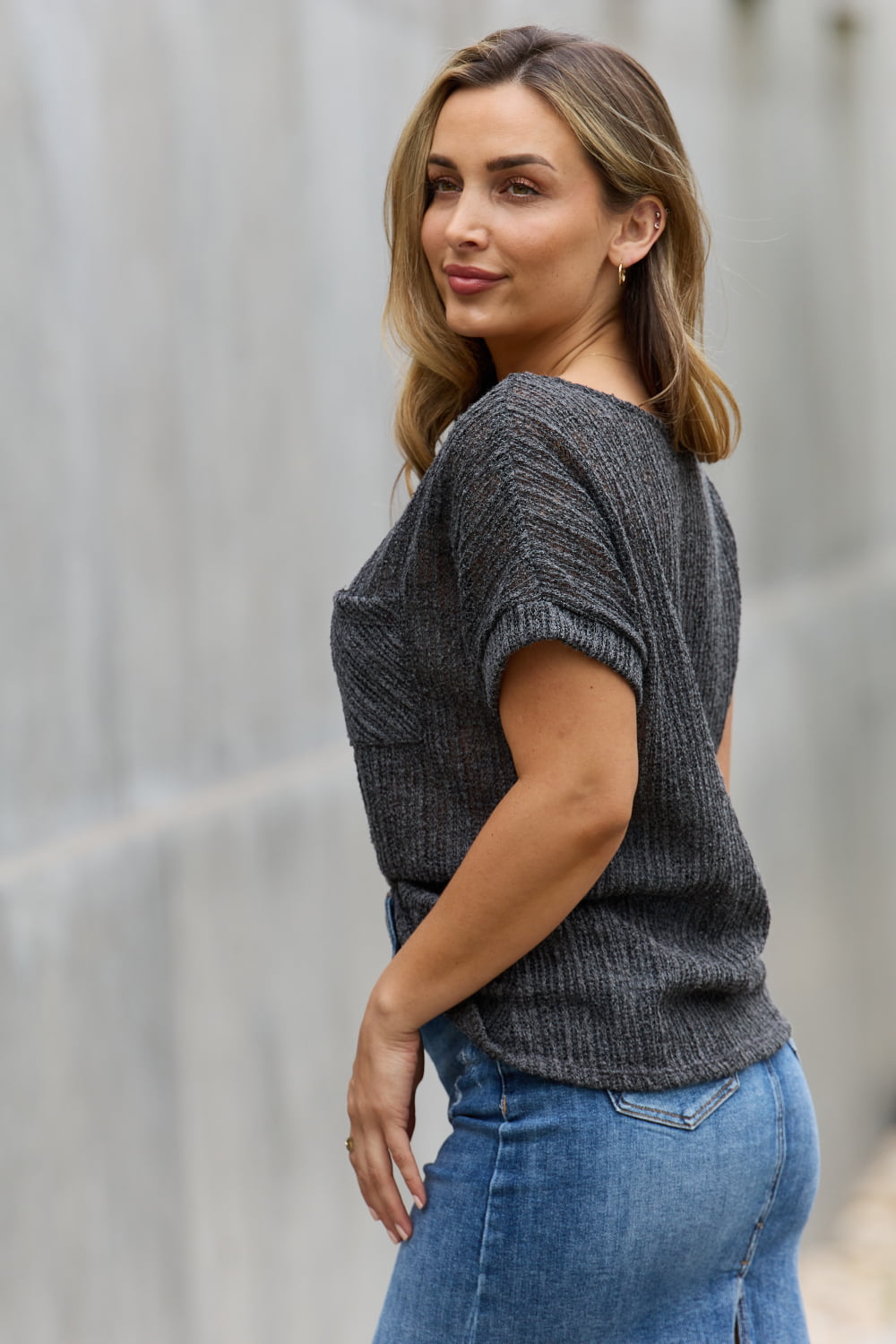 e.Luna Full Size Chunky Knit Short Sleeve Top in Gray - Classique Collection