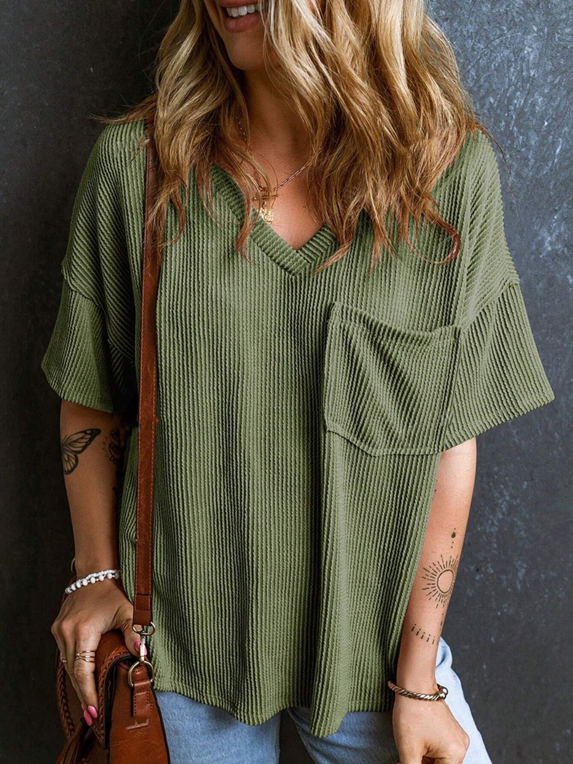 Textured V-Neck Half Sleeve T-Shirt - Classique Collection
