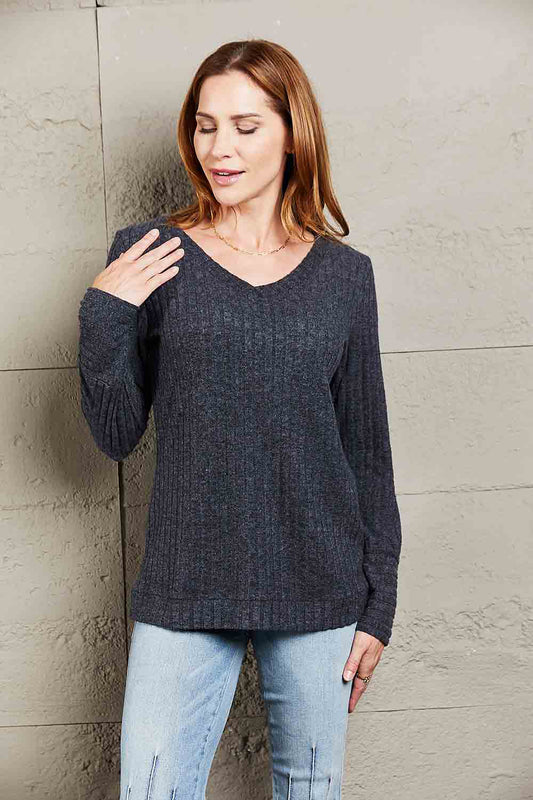 Mandy V-Neck Long Sleeve Ribbed Top - Classique Collection