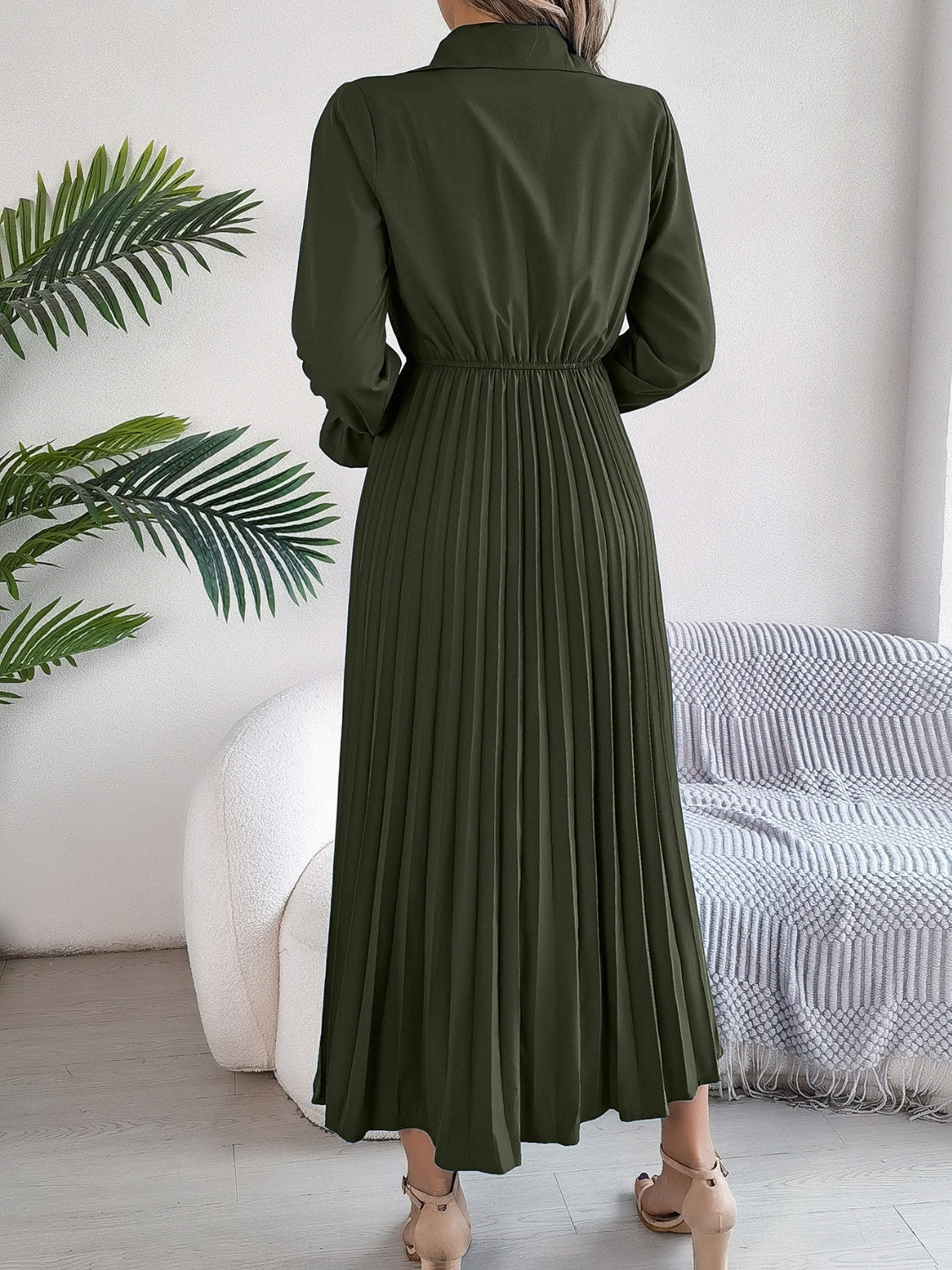 Pleated Half Button Long Sleeve Midi Dress - Classique Collection