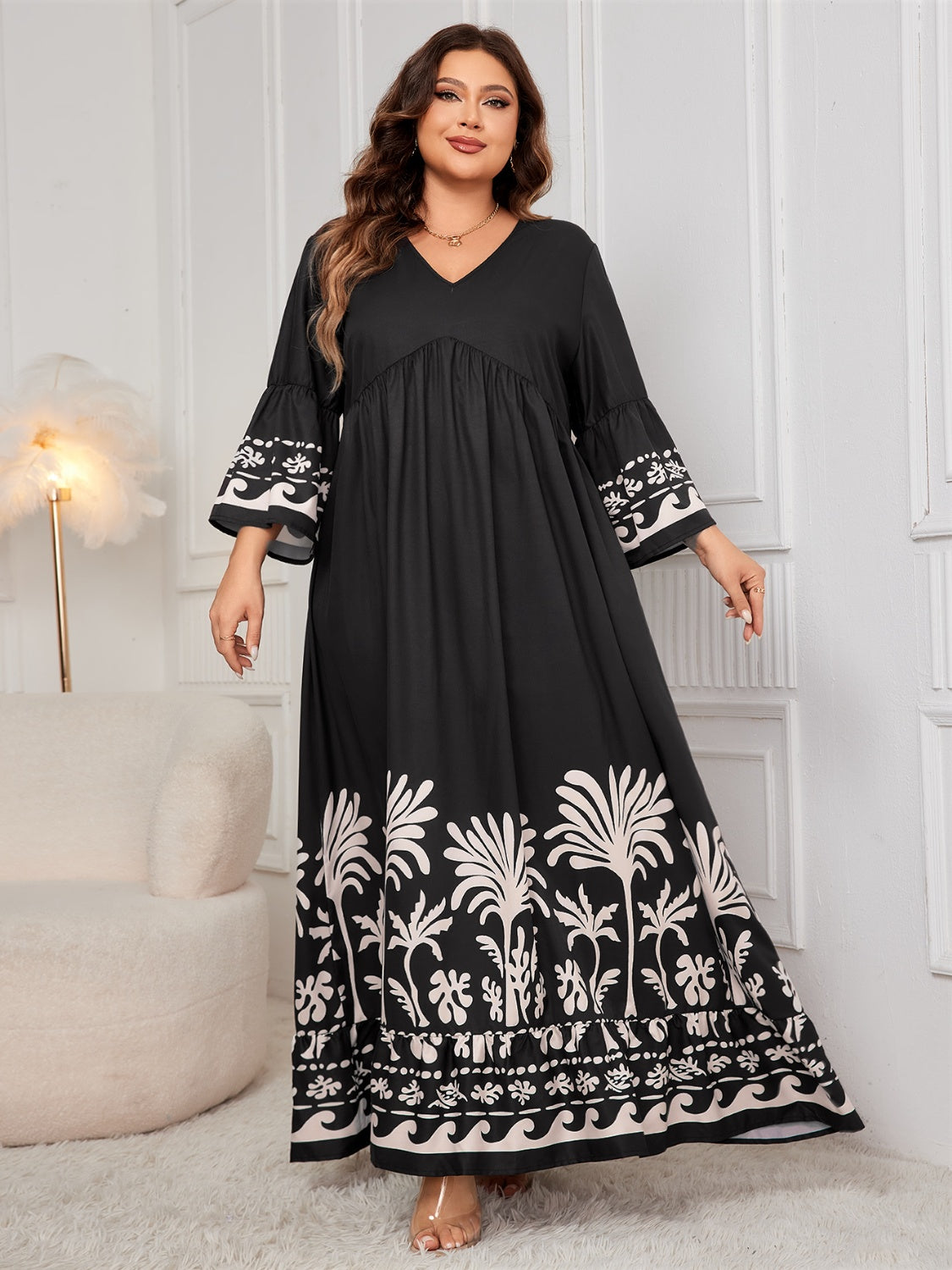 Honey Plus Size Printed V-Neck Long Sleeve Maxi Dress - Classique Collection