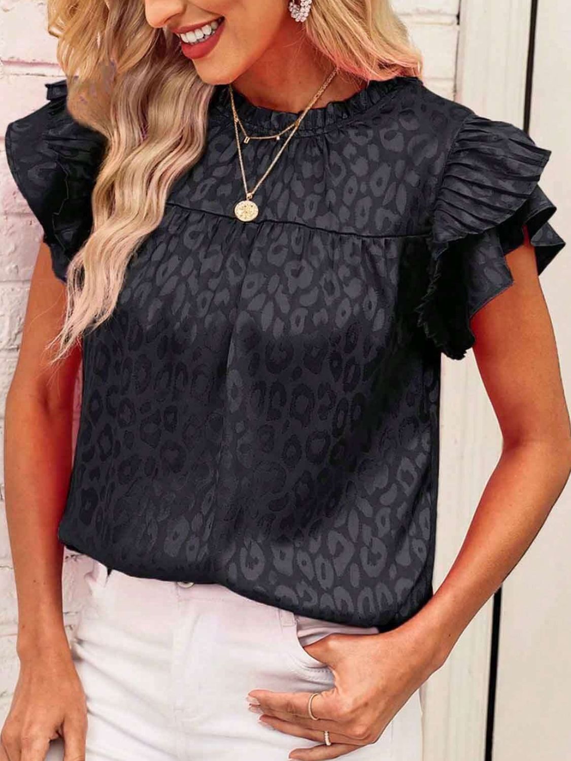 Leopard Frill Mock Neck Ruffled Cap Sleeve Top - Classique Collection
