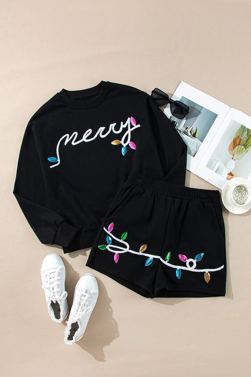 MERRY Sequin Round Neck Long Sleeve Top and Shorts Set - ClassiQ