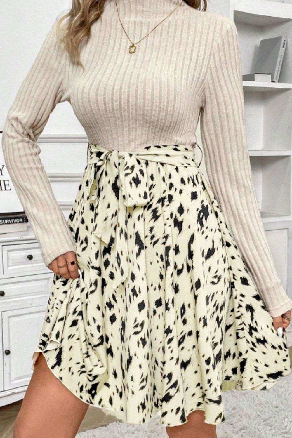 Printed Tie Waist Mock Neck Long Sleeve Dress - Classique Collection