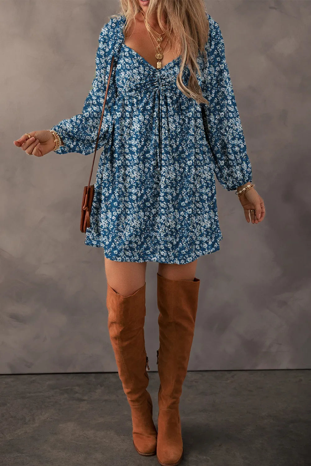 Ruched Printed Long Sleeve Mini Dress - Classique Collection