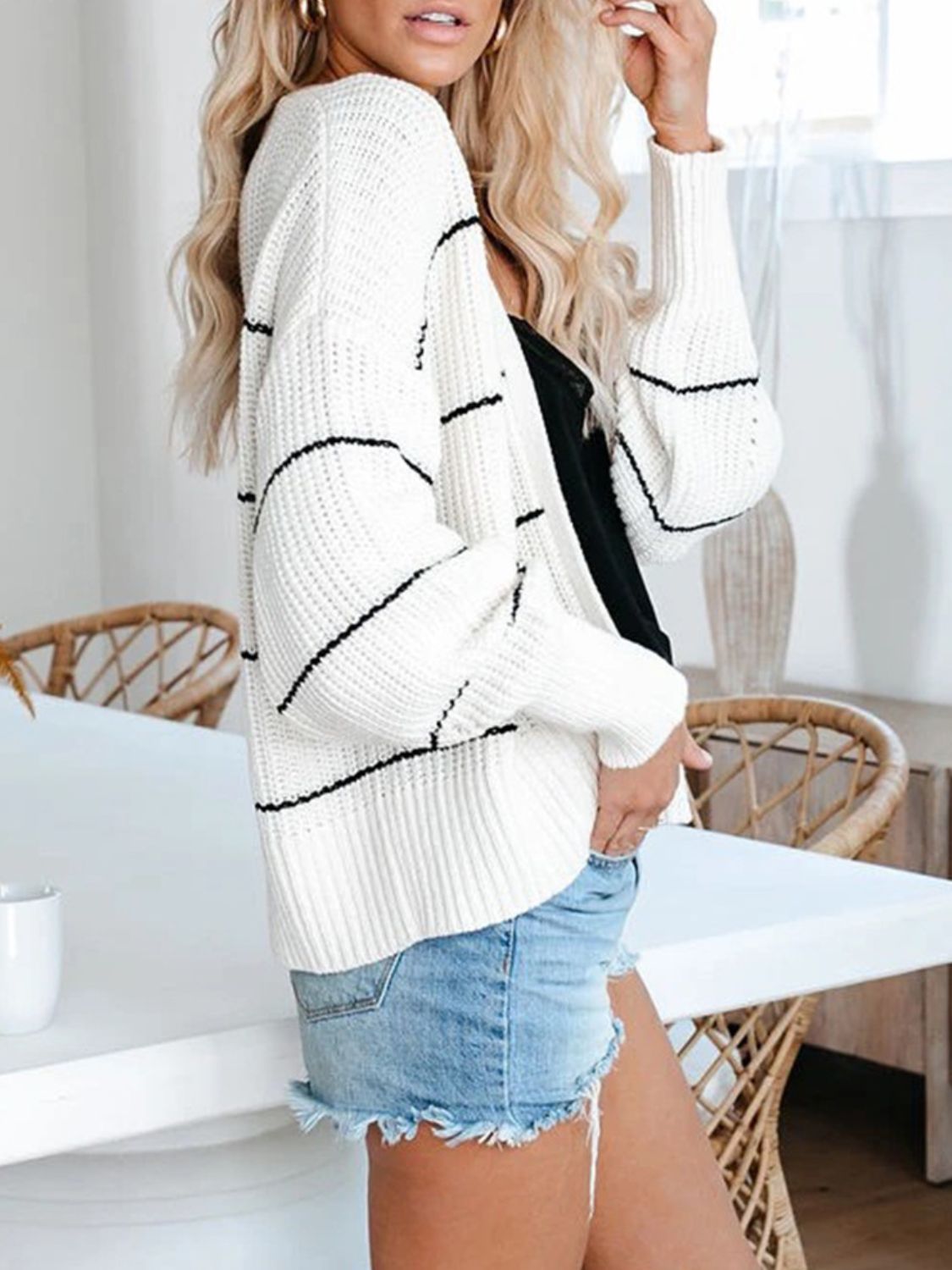 Striped Open Front Long Sleeve Cardigan - Classique Collection