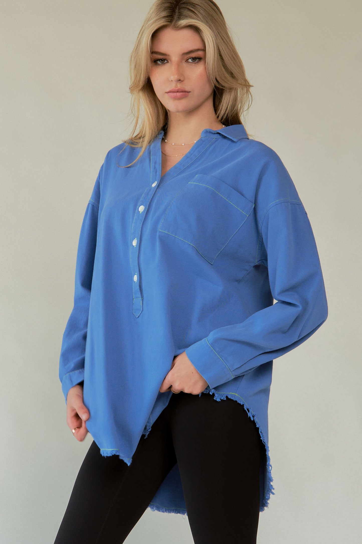 Davi & Dani Letter Back Raw Hem Half Button Shirt - Classique Collection