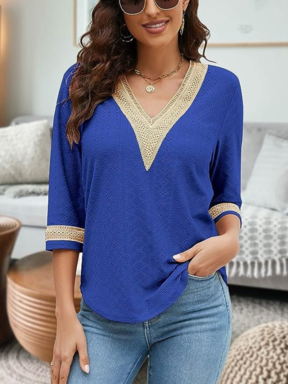 V-Neck Eyelet Blouse - Classique Collection