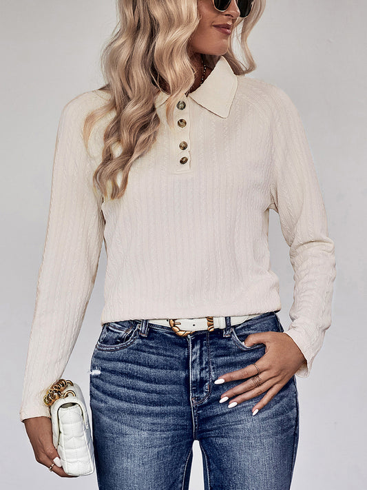 Perfee Collared Neck Buttoned Long Sleeve Top - Classique Collection