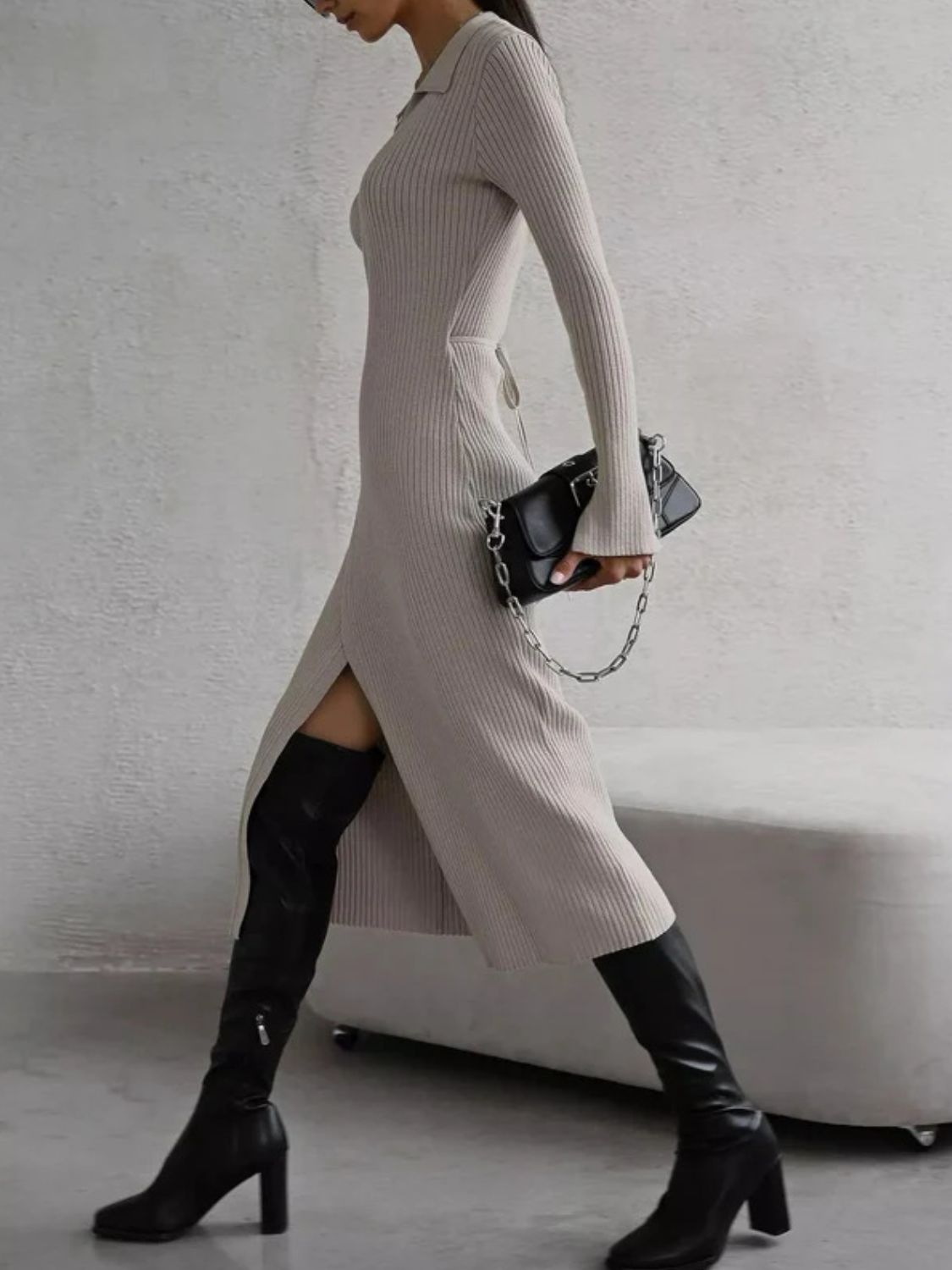 Tied Collared Neck Long Sleeve Sweater Dress - Classique Collection